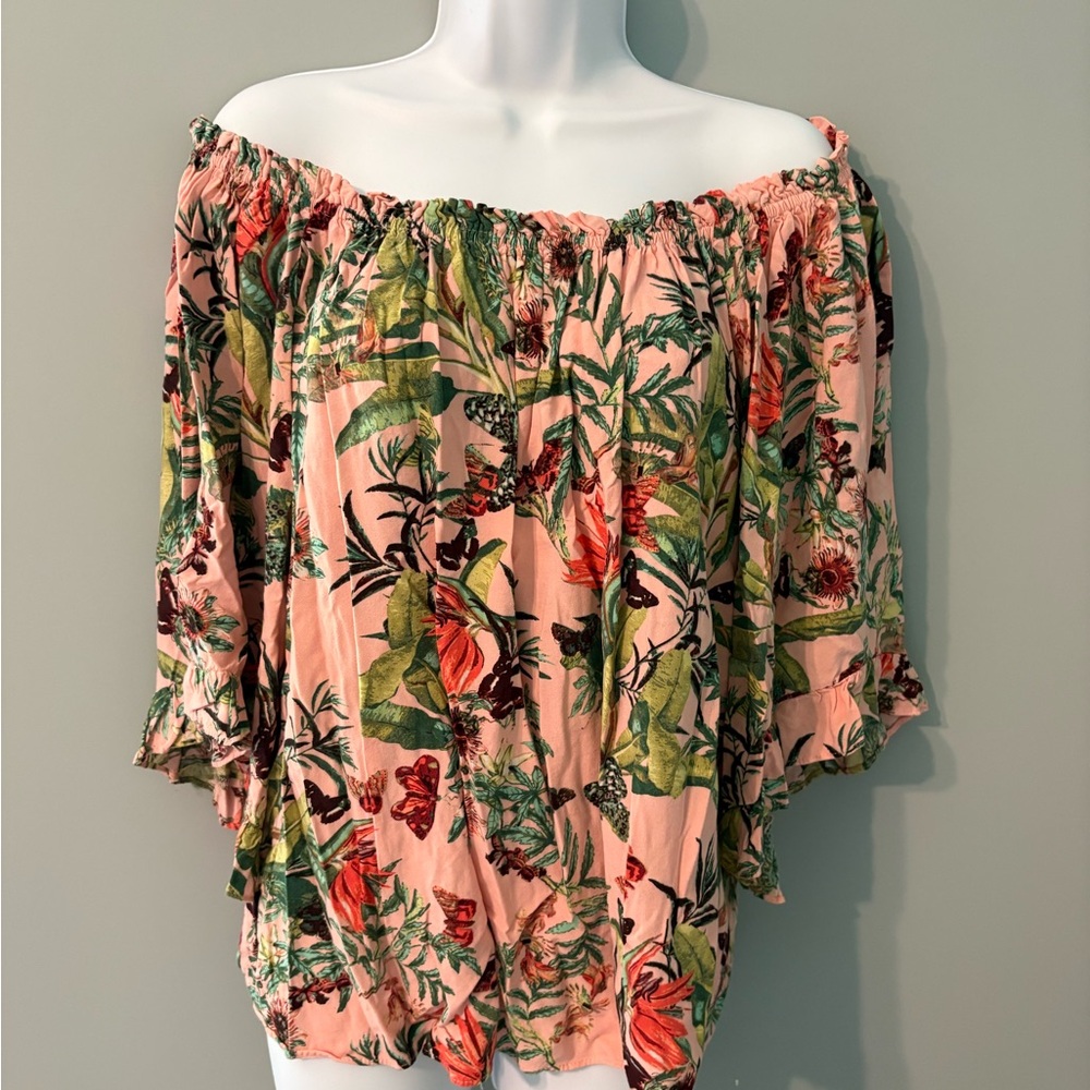 H&M Tropical Print Off-Shoulder Blouse - Pink and Green